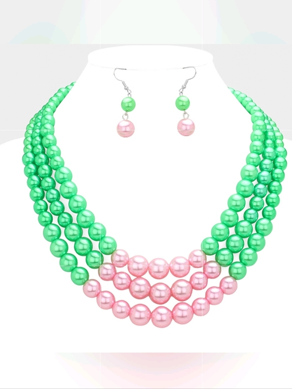 Green & Pink Pearls Triple MultiStrand Layered Necklace Set 3 Row 2 Tone Design